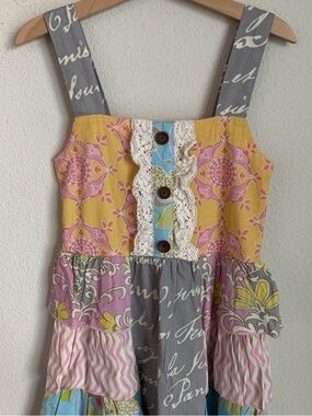 Mustard Pie Gray Lace-Trimmed Patchwork Dress with Pink and Yellow Accents sz 7